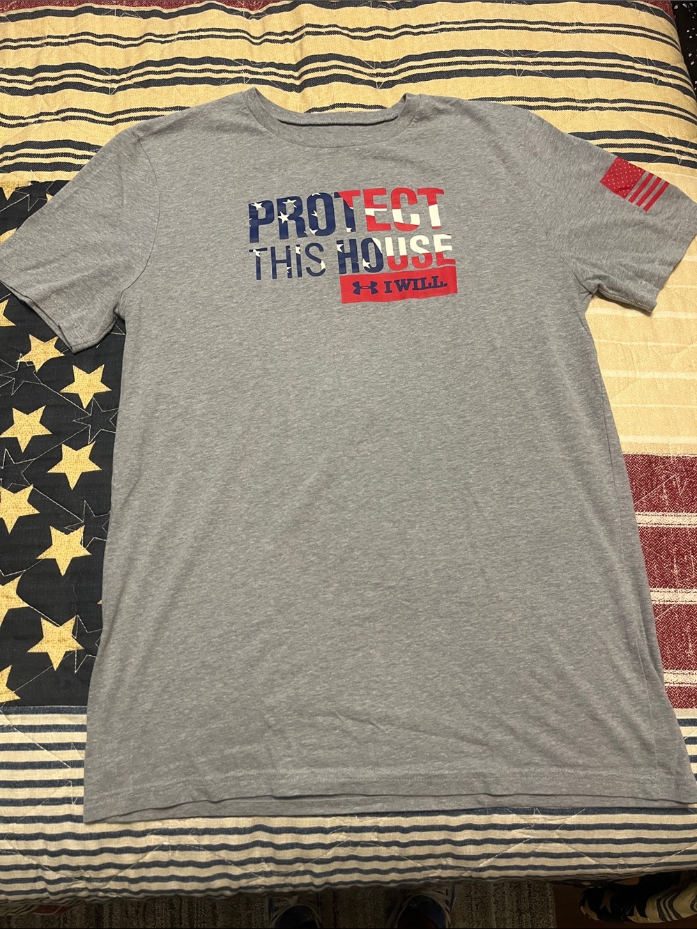 Under Armour Gray Tee with Red and Blue "Protect This House" Graphic